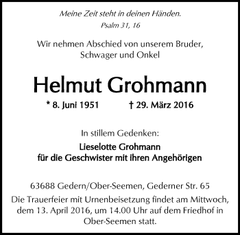 Traueranzeige von Helmut Grohmann von  Kreisanzeiger