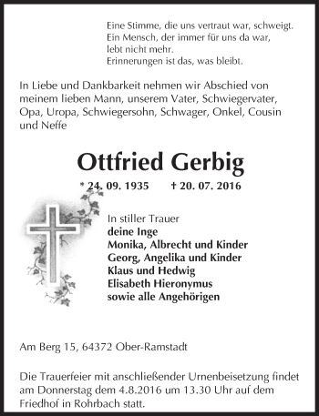 Traueranzeige von Ottfried Gerbig von Trauerportal Echo Online