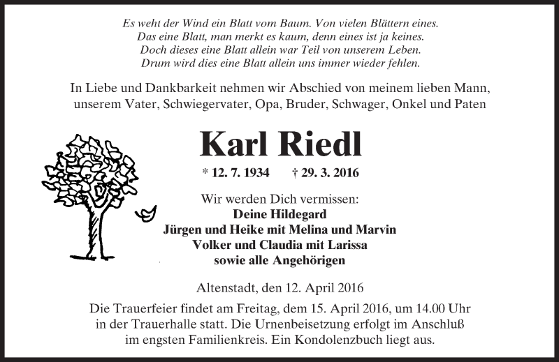  Traueranzeige für Karl Riedl vom 12.04.2016 aus  Kreisanzeiger