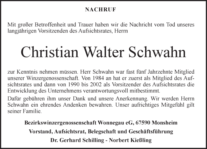  Traueranzeige für Christian Walter Schwahn vom 10.12.2015 aus  Wormser Zeitung