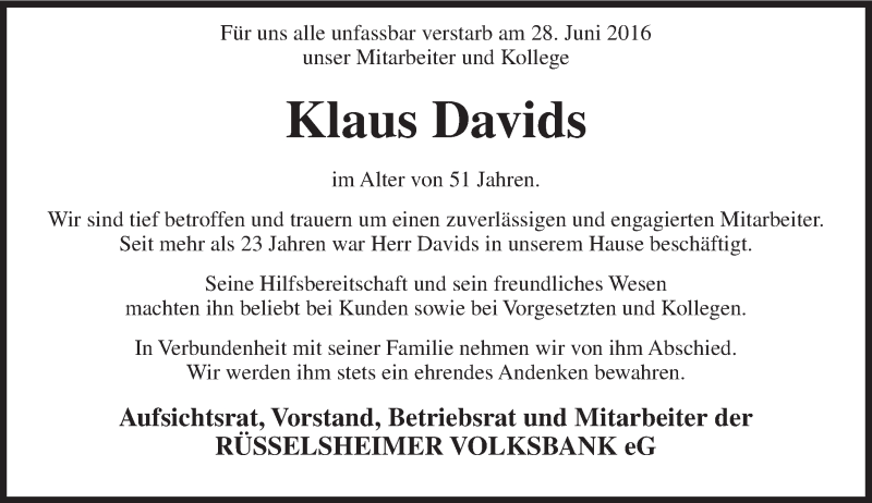  Traueranzeige für Klaus Davids vom 09.07.2016 aus Trauerportal Rhein Main Presse