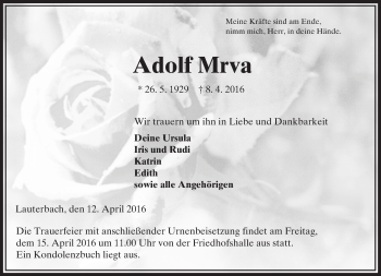 Traueranzeige von Adolf Mrva von VRM Trauer