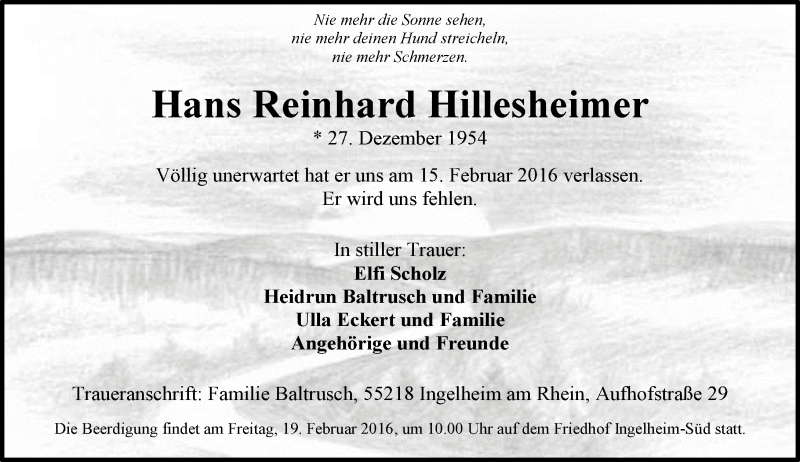  Traueranzeige für Hans Reinhard Hillesheimer vom 18.02.2016 aus  Allgemeine  Zeitung Ingelheim-Bingen