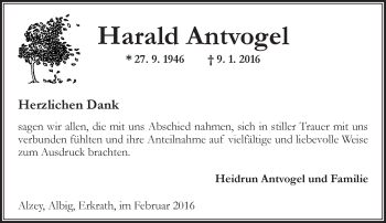 Traueranzeige von Harald Antvogel von  Allgemeine Zeitung Alzey