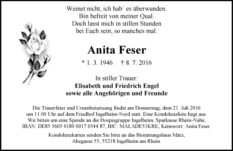  Traueranzeige für Anita Feser vom 16.07.2016 aus Trauerportal Rhein Main Presse