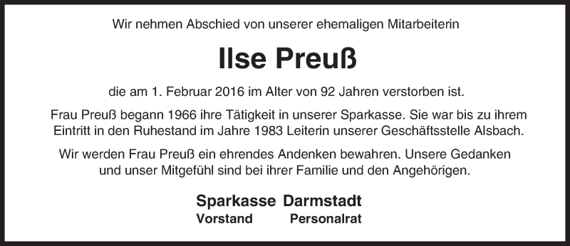  Traueranzeige für Ilse Preuß vom 13.02.2016 aus trauer.echo-online.de