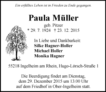 Traueranzeige von Paula Müller von  Allgemeine  Zeitung Ingelheim-Bingen