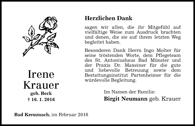  Traueranzeige für Irene Krauer vom 13.02.2016 aus  Allg. Zeitung Bad Kreuznach