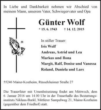 Traueranzeige von Günter Wolf von  Allgemeine Zeitung Mainz