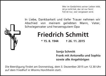 Traueranzeige von Friedrich Schmitt von  Wormser Zeitung