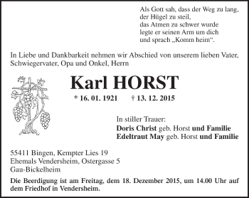 Traueranzeige von Karl Horst von  Allgemeine  Zeitung Ingelheim-Bingen