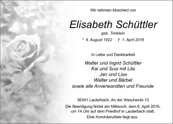 Traueranzeige von Elisabeth Schüttler von VRM Trauer