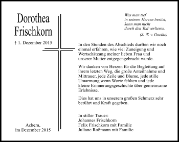 Traueranzeige von Dorothea Frischkorn von  Gelnhäuser Tageblatt