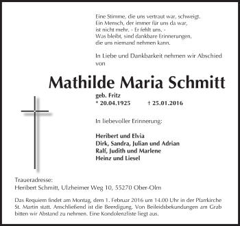 Traueranzeige von Mathilde Maria Schmitt von  Allgemeine Zeitung Mainz