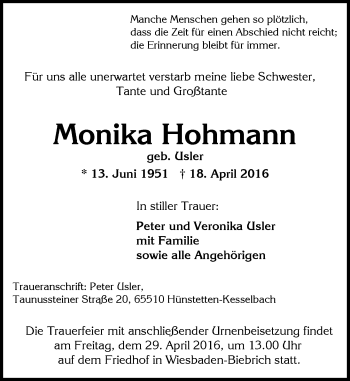 Traueranzeige von Monika Rohmann von  Wiesbaden komplett