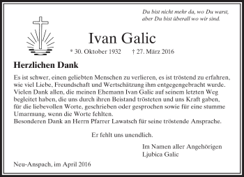 Traueranzeige von Ivan Galic von  Usinger Anzeiger