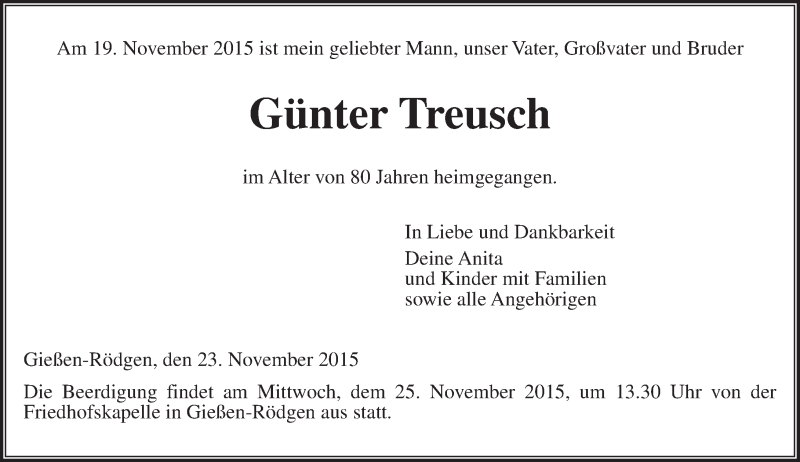  Traueranzeige für Günter Treusch vom 23.11.2015 aus  Gießener Anzeiger