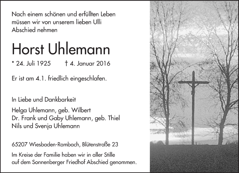  Traueranzeige für Horst Uhlemann vom 20.01.2016 aus  Wiesbaden komplett