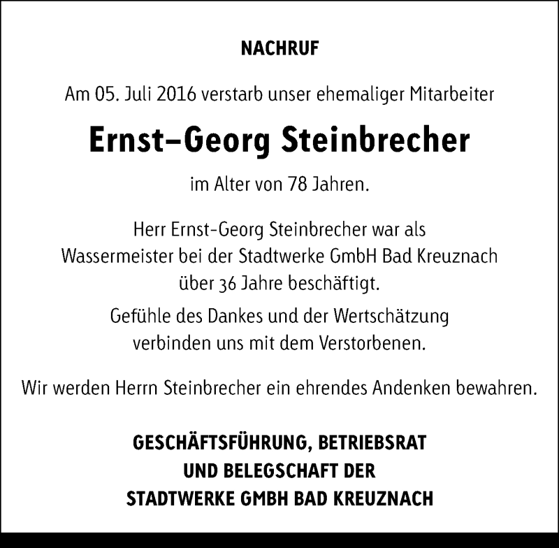  Traueranzeige für Ernst-Georg  Steinbrecher vom 12.07.2016 aus Trauerportal Rhein Main Presse