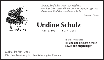 Traueranzeige von Undine Schulz von  Allgemeine Zeitung Mainz