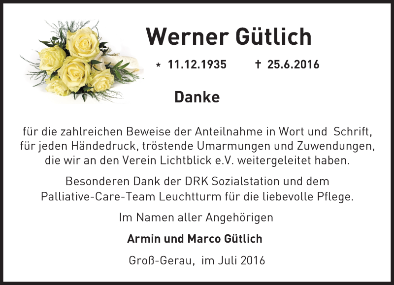  Traueranzeige für Werner Gütlich vom 23.07.2016 aus Trauerportal Echo Online