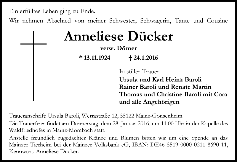  Traueranzeige für Anneliese Dücker vom 27.01.2016 aus  Allgemeine Zeitung Mainz