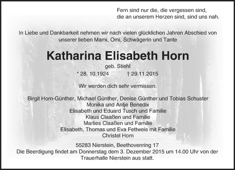 Traueranzeige für Katharina Elisabeth Horn vom 02.12.2015 aus  Landskrone