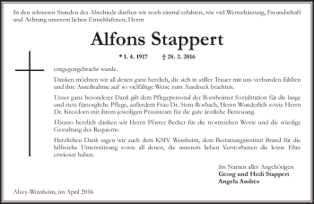 Traueranzeige von Alfons Stappert von  Allgemeine Zeitung Alzey