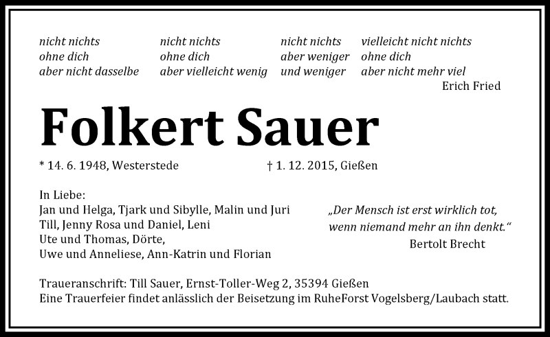  Traueranzeige für Folkert Sauer vom 04.12.2015 aus  Gießener Anzeiger