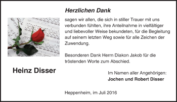 Traueranzeige von Heinz Disser von Trauerportal Echo Online