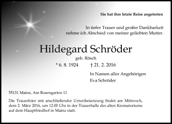 Traueranzeige von Hildegard Schröder von  Allgemeine Zeitung Mainz