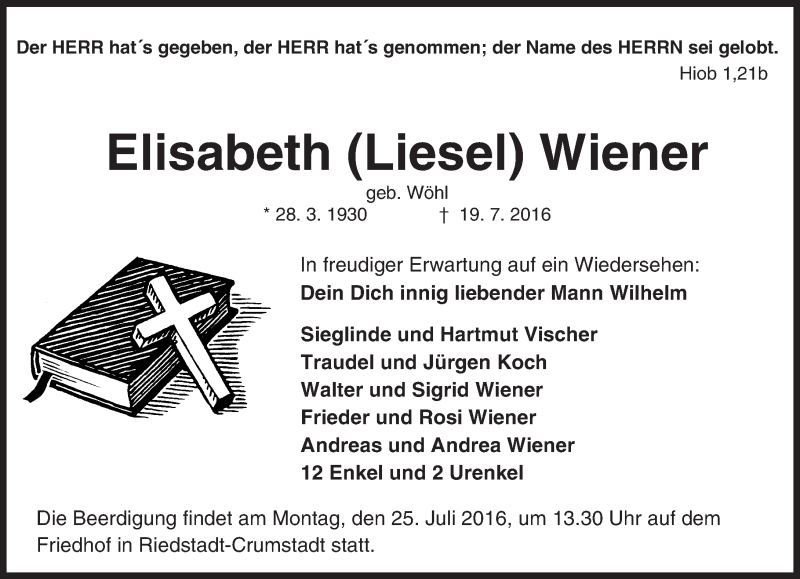  Traueranzeige für Elisabeth Wiener vom 22.07.2016 aus Trauerportal Echo Online