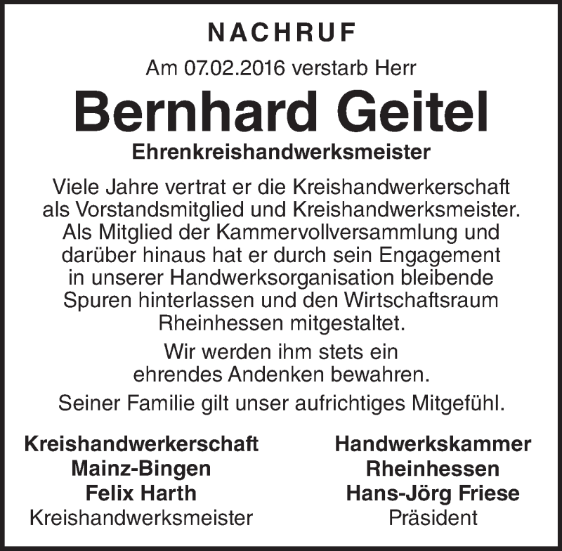  Traueranzeige für Bernhard Geitel vom 13.02.2016 aus trauer.rmp.de