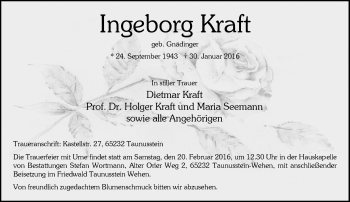 Traueranzeige von Ingeborg Kraft von  Wiesbaden komplett