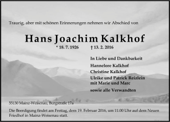 Traueranzeige von Hans Joachim Kalkhof von  Allgemeine Zeitung Mainz