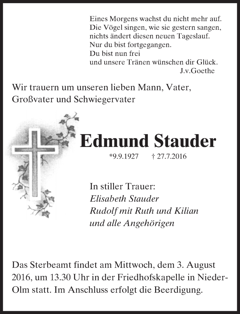  Traueranzeige für Edmund Stauder vom 30.07.2016 aus Trauerportal Rhein Main Presse