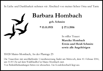 Traueranzeige von Barbara Hombach von  Allgemeine Zeitung Mainz