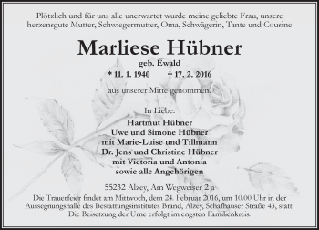 Traueranzeige von Marliese Hübner von  Allgemeine Zeitung Alzey