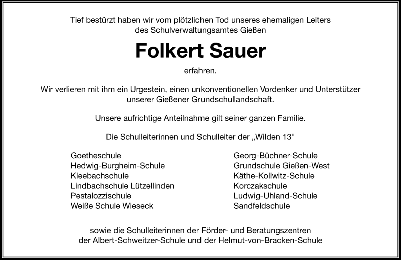  Traueranzeige für Folkert Sauer vom 05.12.2015 aus  Gießener Anzeiger
