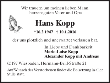Traueranzeige von Hans Kopp von  Wiesbaden komplett
