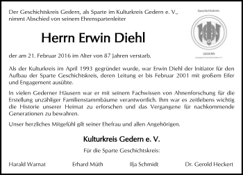 Traueranzeige von Erwin Diehl von  Kreisanzeiger