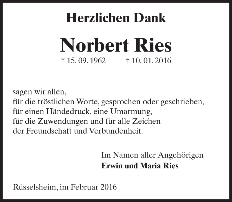  Traueranzeige für Norbert Ries vom 13.02.2016 aus  Mainspitze