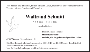 Traueranzeige von Waltraud Schmitt von  Wormser Zeitung
