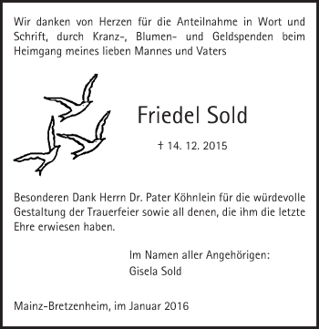 Traueranzeige von Friedel Sold von  Allgemeine Zeitung Mainz