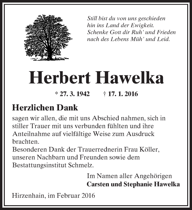  Traueranzeige für Herbert Hawelka vom 13.02.2016 aus  Sonntags Anzeiger