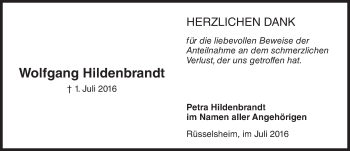 Traueranzeige von Wolfgang Hildenbrandt von Trauerportal Rhein Main Presse