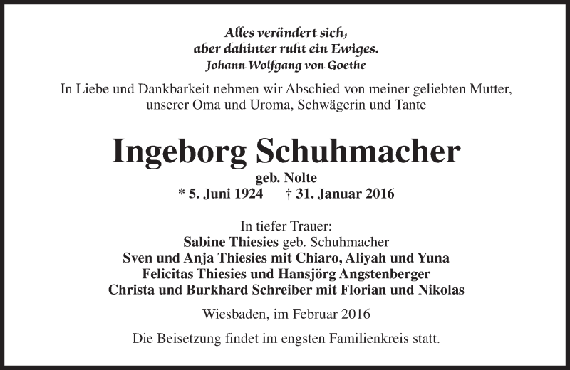  Traueranzeige für Ingeborg Schuhmacher vom 13.02.2016 aus  Wiesbaden komplett