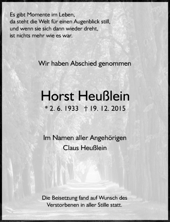 Traueranzeige von Horst Heußlein von  Allgemeine Zeitung Mainz