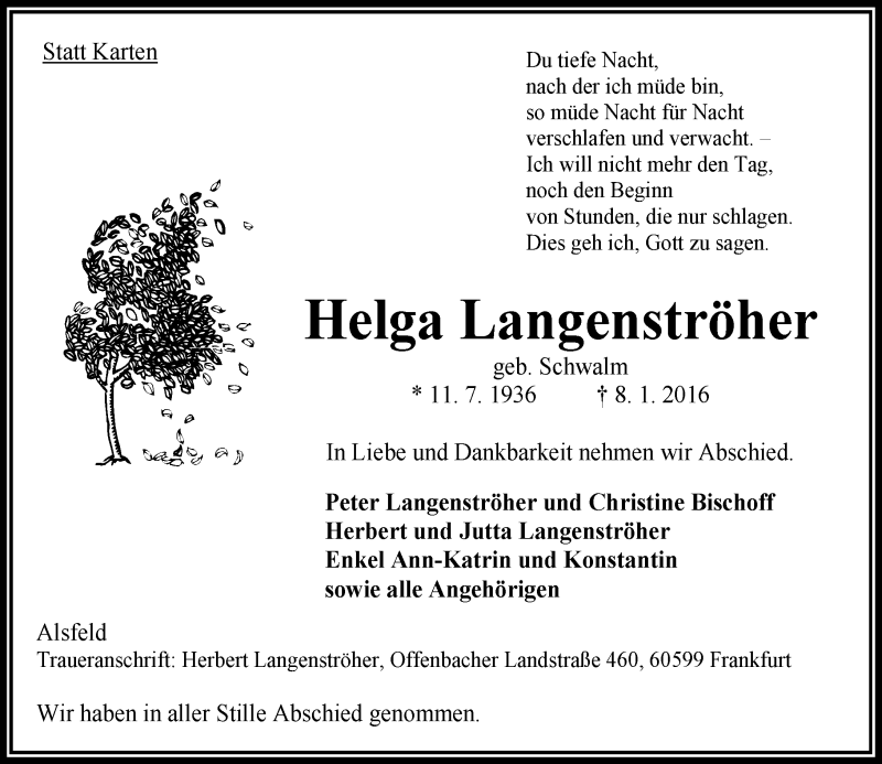  Traueranzeige für Helga Langenströher vom 16.01.2016 aus VRM Trauer