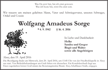 Traueranzeige von Wolfgang Amadeus Sorge von  Allgemeine Zeitung Alzey